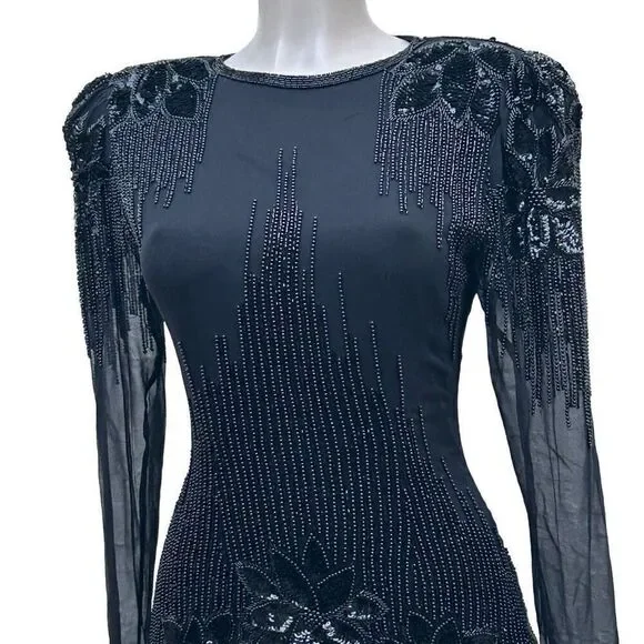 Vintage Black Tie He-Ro Evening Dress 8 Black Sequined Beaded Silk Drop Waist